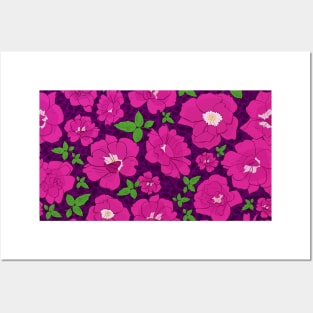 Retro Ramblin' Rose Pink and Green on Magenta Leaves Repeat 5748 Posters and Art